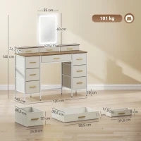 Toeletta con specchio e luci LED a 3 colori, con 10 cassetti in tessuto, 118,5 x 39,5 x 140 cm Legno naturale