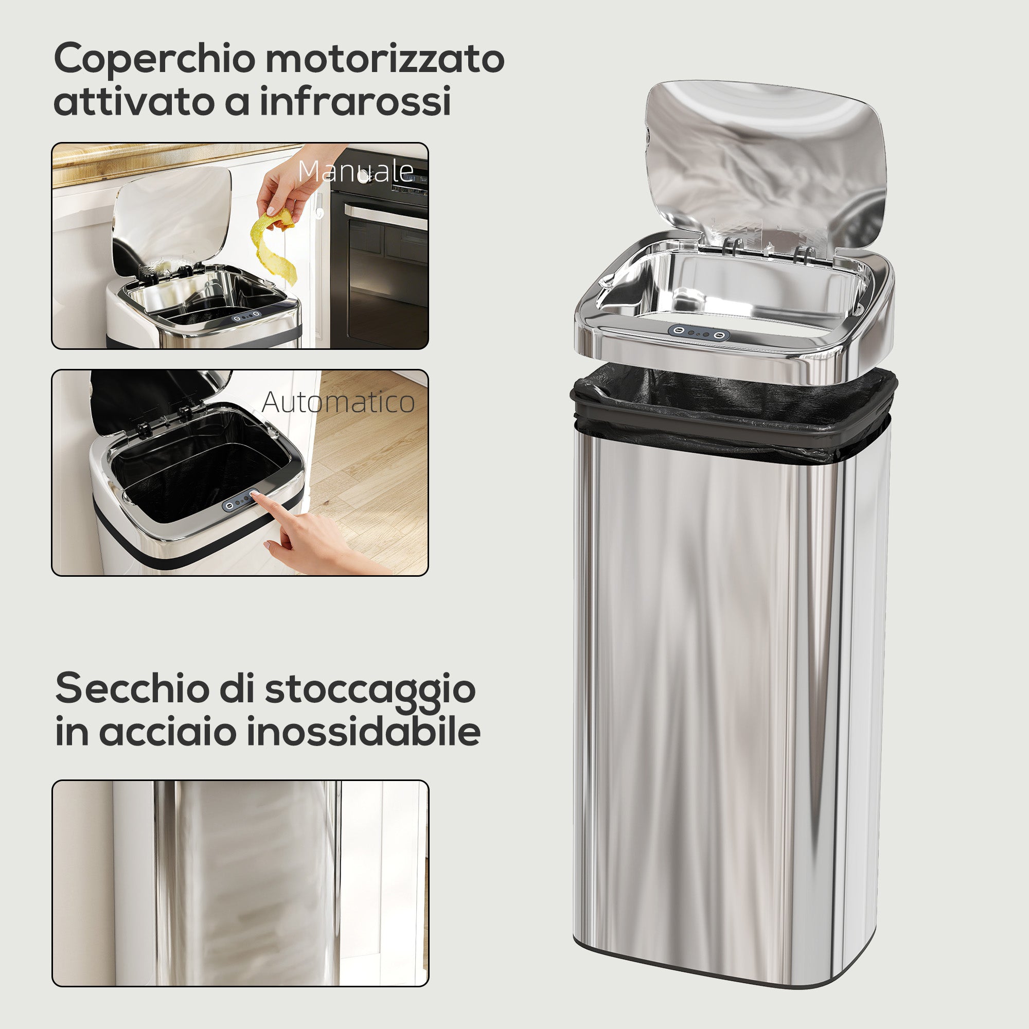 Bidone per Rifiuti da 40L con Sensore per Apertura e Chiusura Automatica 33x25x70 cm in ABS e Acciaio Inox Argento