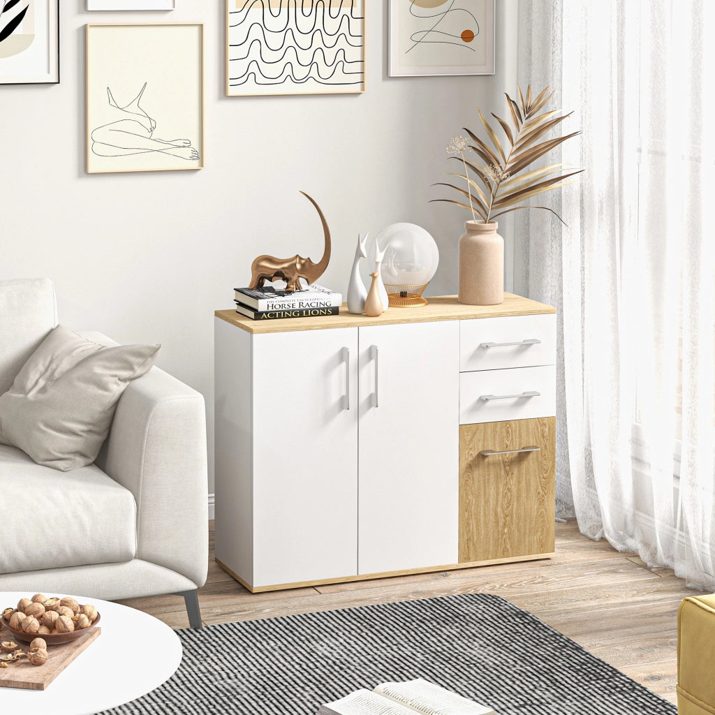 Buffet con 3 ante, 2 cassetti e ripiano regolabile ¨C zephmum ¨C bianco e legno naturale 90x30x75.5