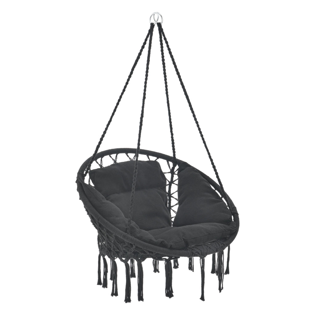 Poltrona Sospesa con Cuscini Altezza Completa di Sostegno 135 cm Altalena Relax Poltrona Appendibile per Interno / Esterno - Supporto Fino a 150 kg - Nero