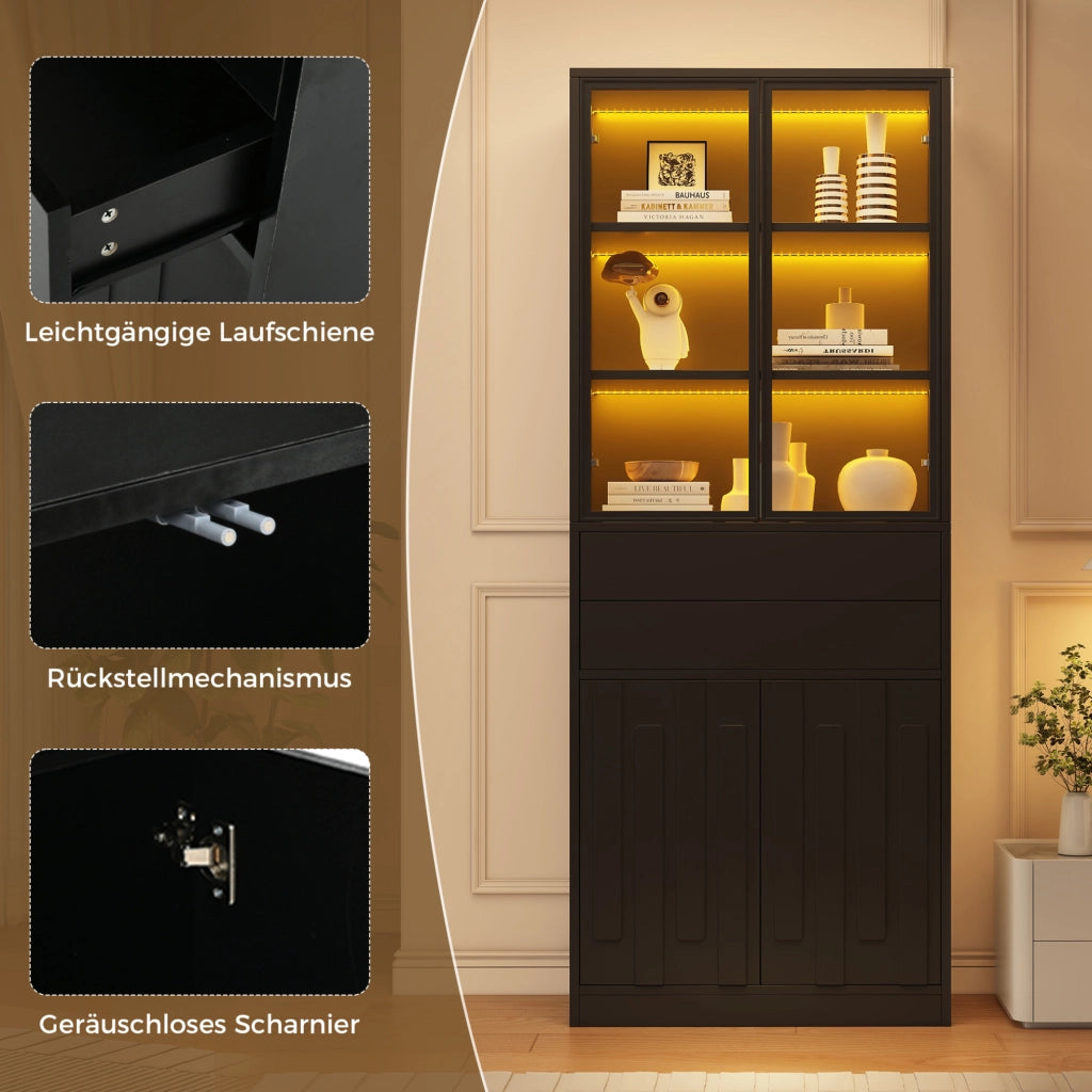VETRINA LED 70x34x180 cm Nera con 2 Cassetti e Vetro Temperato