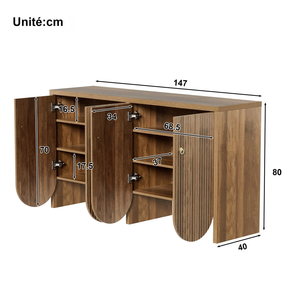 Madia con 4 Ante e Ripiani Regolabili; Frontali Scanalati Moderni; in MDF; 147??40??80 cm; Noce