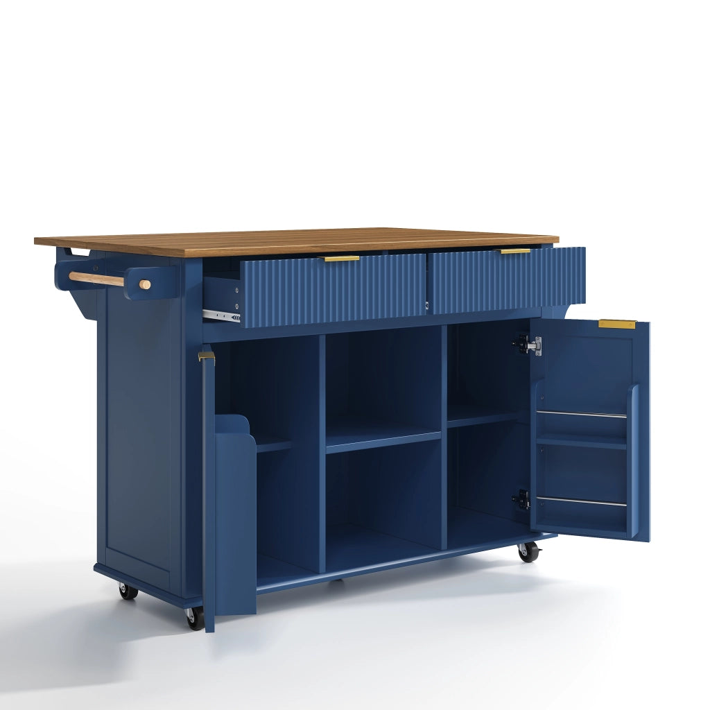 Isola da cucina su ruote con piano ribaltabile, 2 cassetti, 2 ante e porta spezie, colore blu e legno