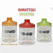 Trade Shop - Tris Barattoli 3 Contenitori Caffè Zucchero Sale Vetro Tappo Colorato -