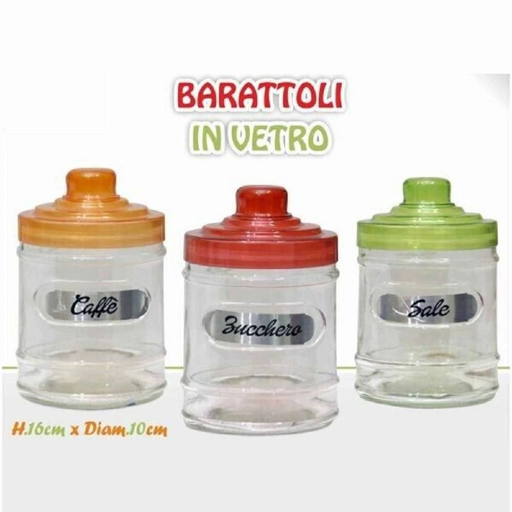 Trade Shop - Tris Barattoli 3 Contenitori Caffè Zucchero Sale Vetro Tappo Colorato -