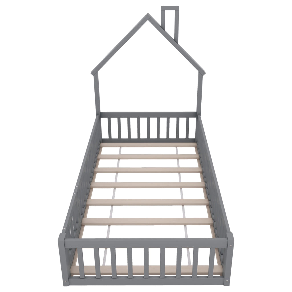 Letto Casetta Bambini 90x200 Grigio in Pino con Camino; Sponde Anticaduta e Rete a Doghe