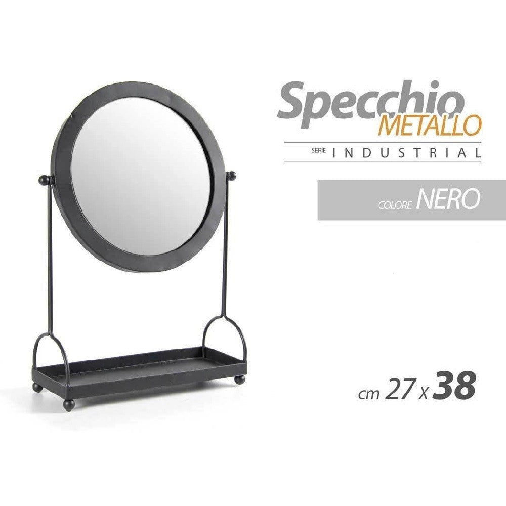 Trade Shop - Specchio Tavolo Metallo Appoggio Porta Oggetti Nero Bagno Trucco 27x38cm 782237 -