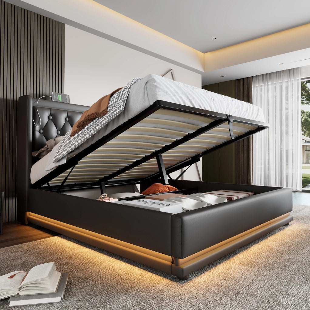 Letto matrimoniale 140x200 cm in PU nero con contenitore idraulico; LED e USB Type-C