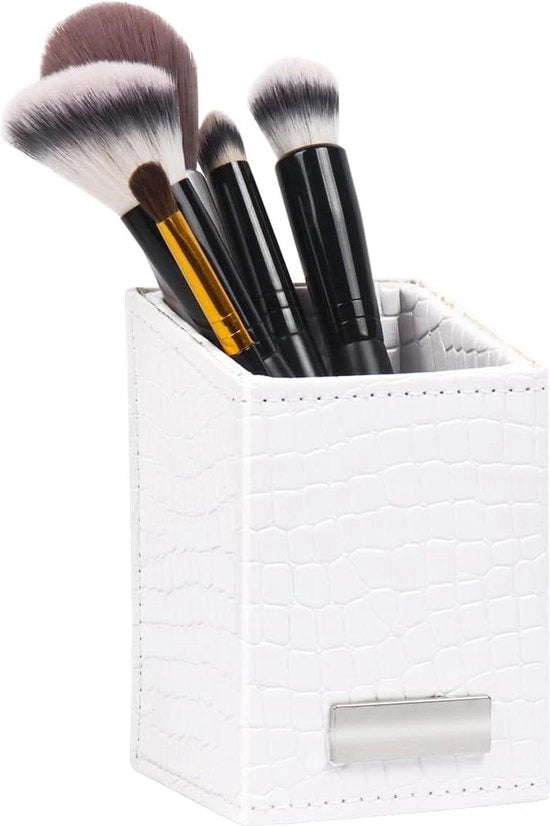 Organizzatore di Pennelli per Trucco - Otre in Pelle PU con Comparti - Deposito di Pennelli e Prodotti per il Trucco (Bianco)