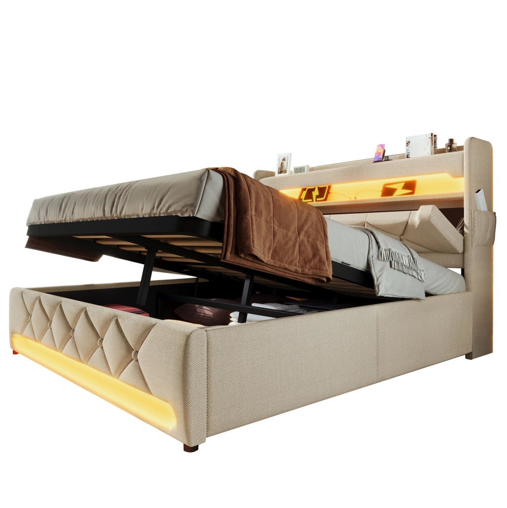 Letto matrimoniale 140x190 cm con contenitore; testiera con prese USB e Type-C; LED 360°; beige in lino