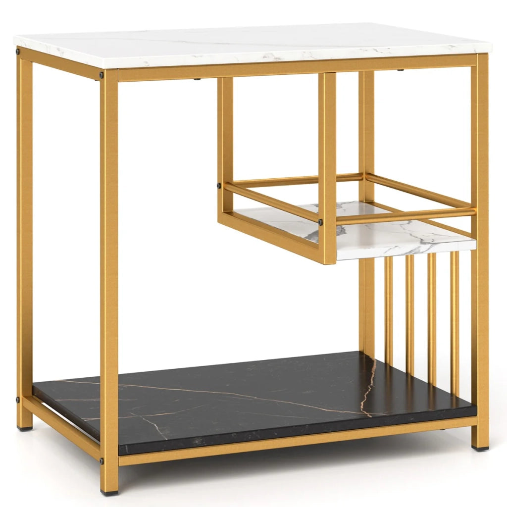 Tavolino rettangolare 60 x 40 x 60,5 cm con 3 ripiani e contenitore moderno ed elegante in finitura finto marmo bianco e nero 20_0013856