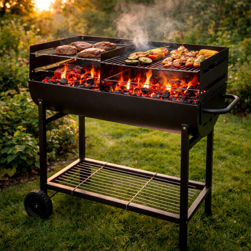 Barbecue In Acciaio Resistente Con Ruote E Ripiano Portaoggetti Alimentazione A Carbone 90 x 45 x 96 Cm Nero