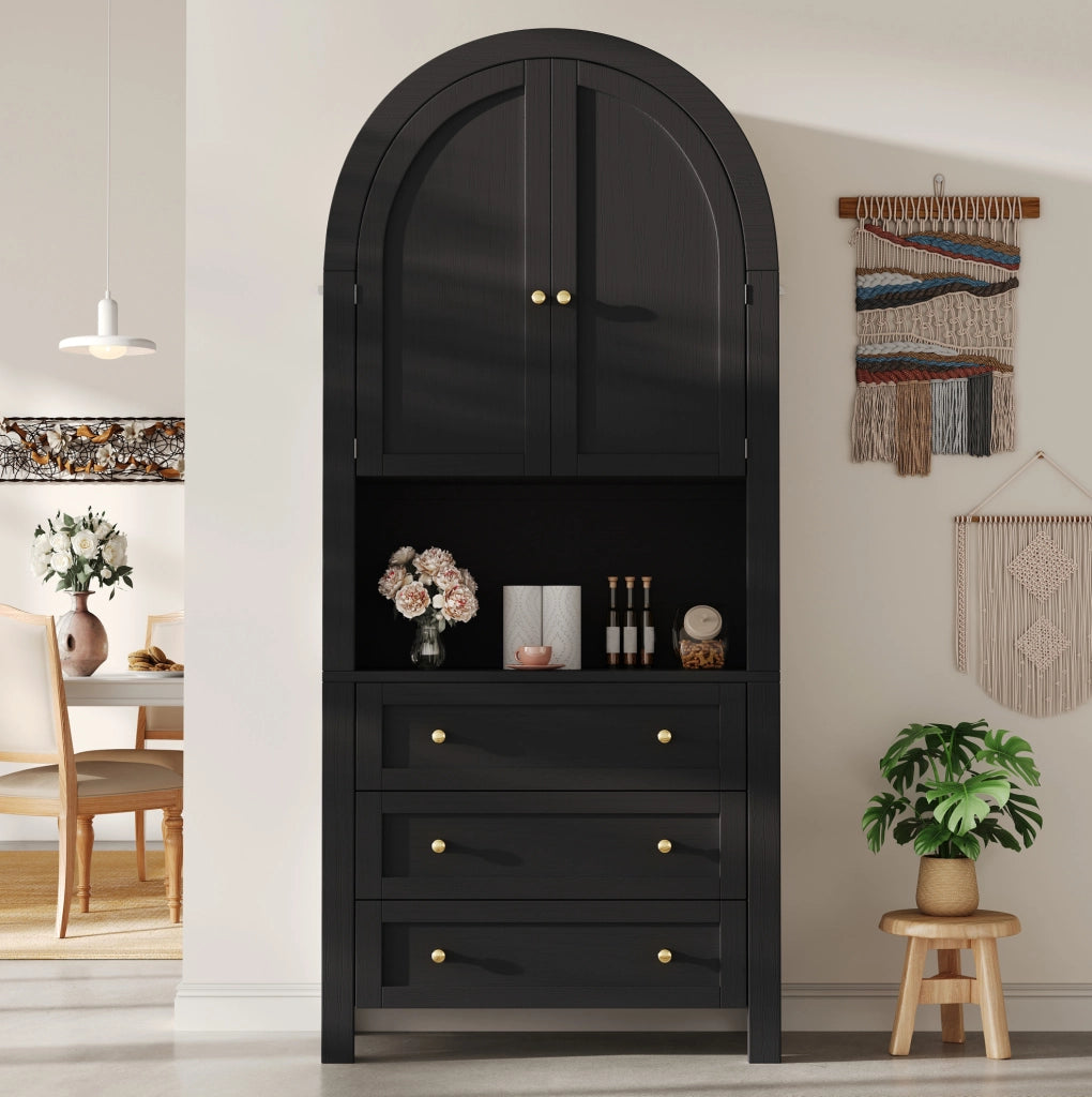 Credenza alta 70x35x180 cm con 3 cassetti; vano aperto e dettagli in metallo in MDF nera