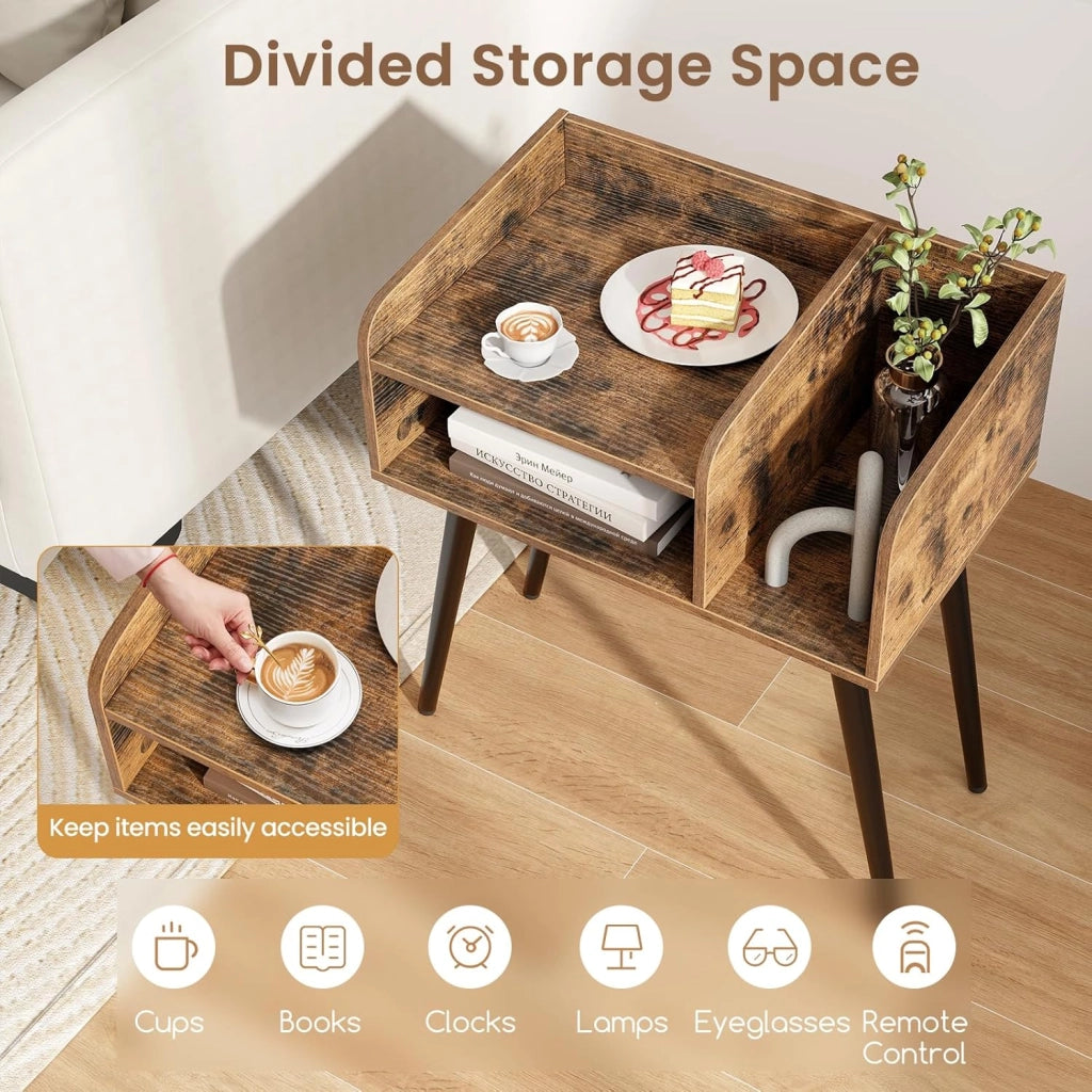 Set di 1/2 comodini per camera da letto, tavolino ausiliario con ripiani aperti, comodino con gambe in metallo, tavolo stretto per soggiorno, 50 x 32 x 58 cm (industriale x 2)