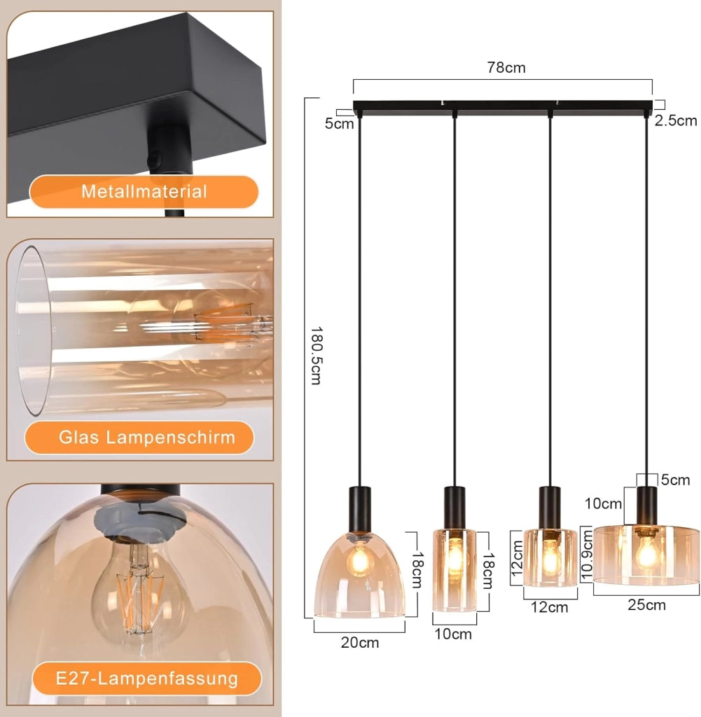 ZMH Lampada a Sospensione 4 Luci Vetro Ambra Industriale Altezza Regolabile per Soggiorno Sala da Pranzo Senza Lampadina