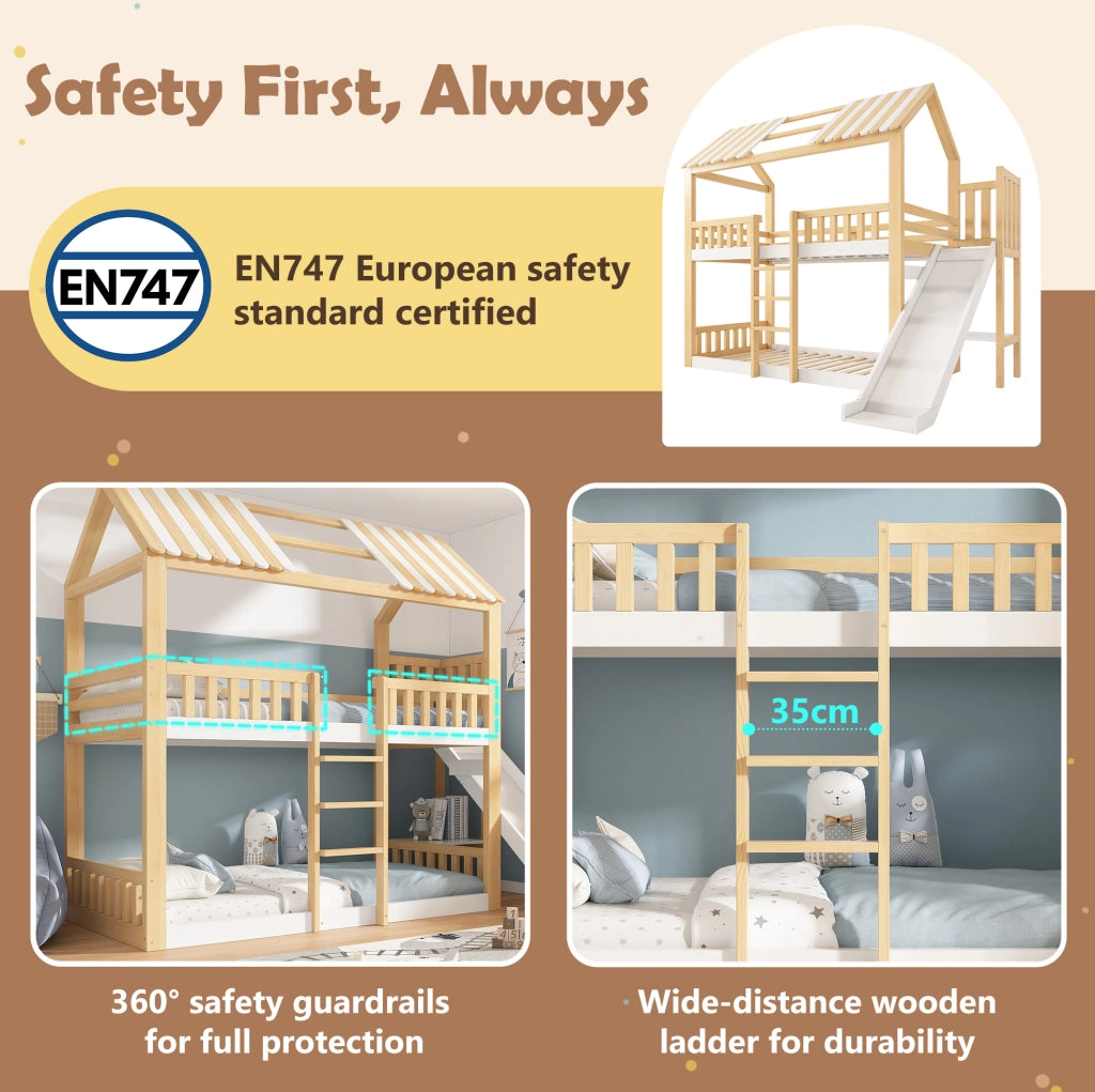 Letto a castello per bambini 90x200 cm in legno bianco e naturale con tetto a capanna; scaffale e scivolo