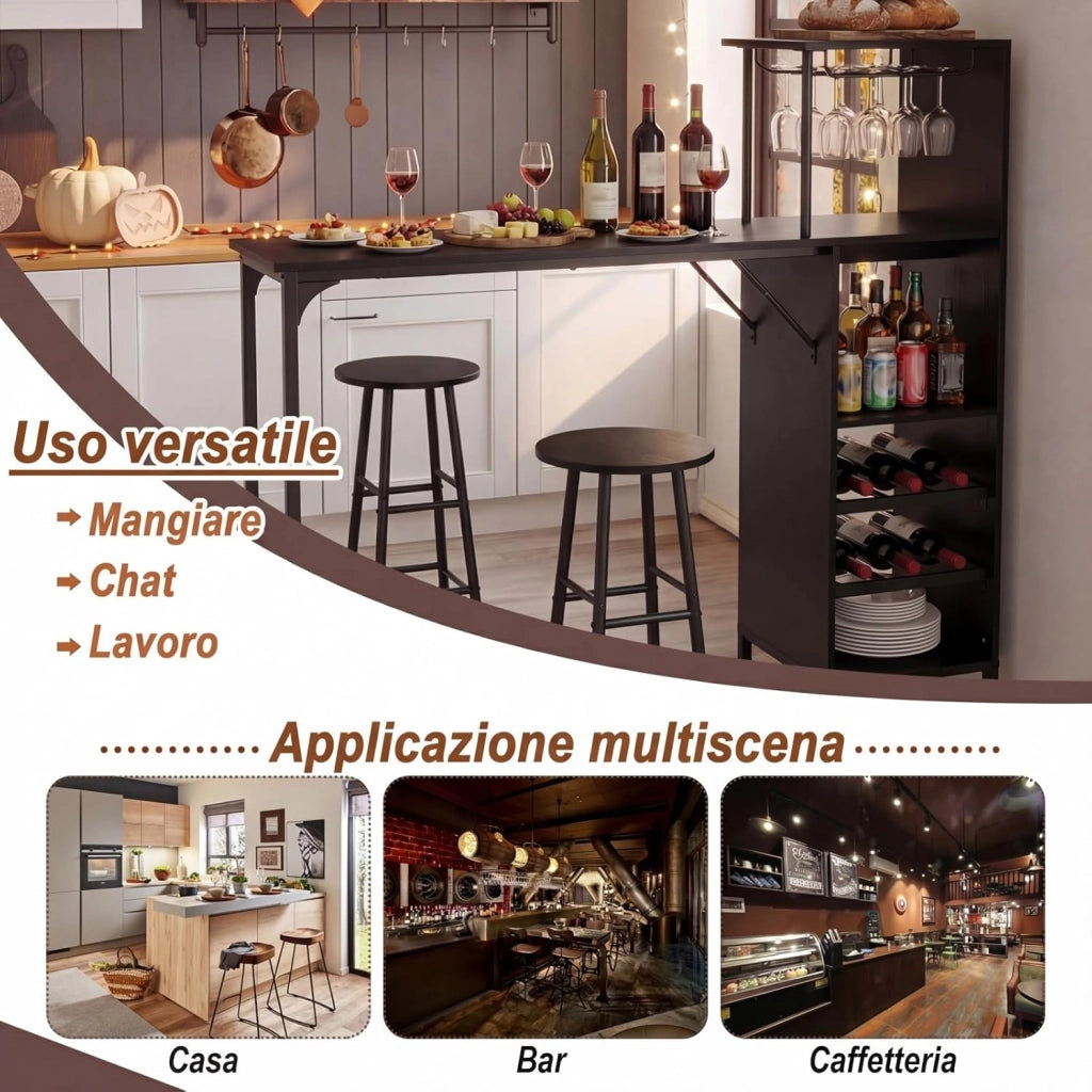 Set 3 Pezzi Tavolo e Sedie da Bar, Tavolo e Sgabelli da Pub Industriale con Porta Calici e 6 Portabottiglie da Vino, Set di Tavolo per Sala da Pranzo, Ristorante e Bar (Nero)