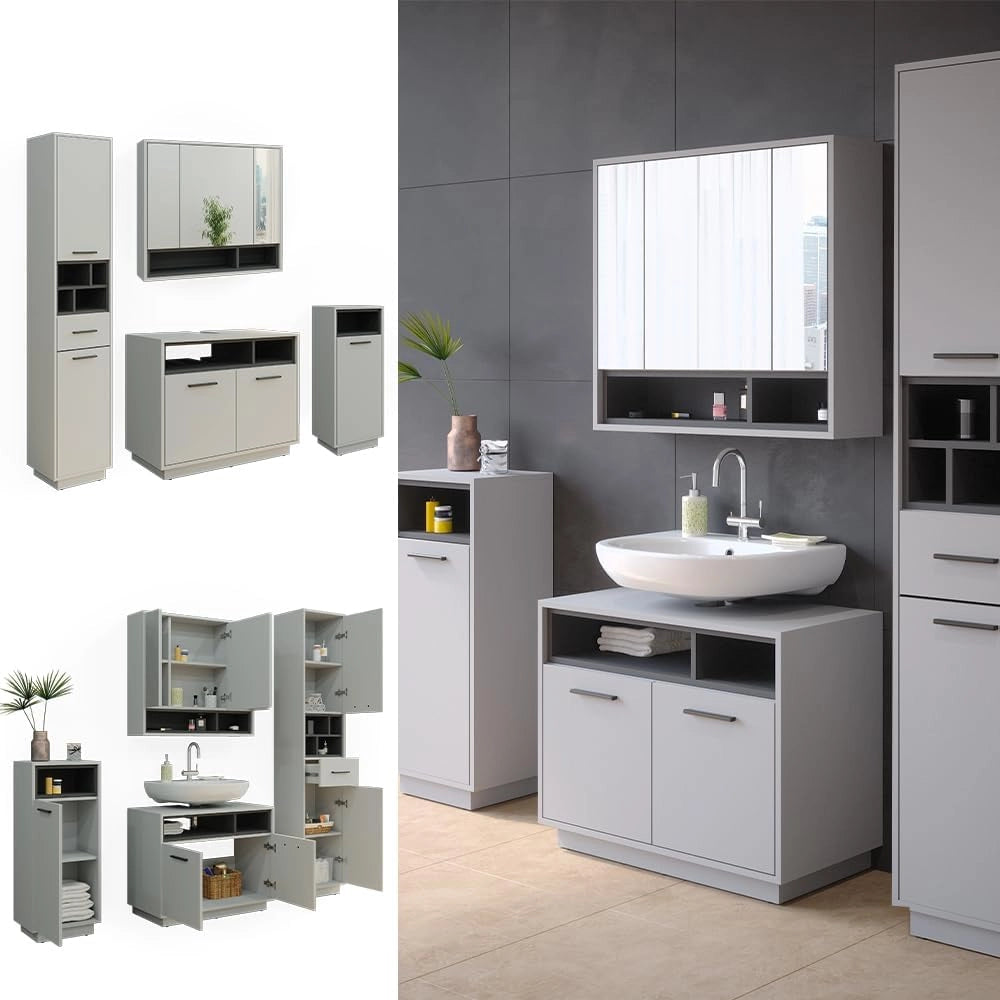 Set di mobili da bagno Beatrice, Grigio, 80 cm, composto da mobile lavabo, pensile a specchio, colonna e base media