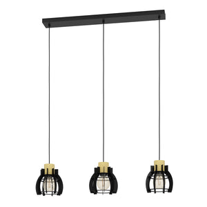 Lampadario A Sospensione Vintage Stillington 1 Acciaio Nero Legno 3 Luci E27