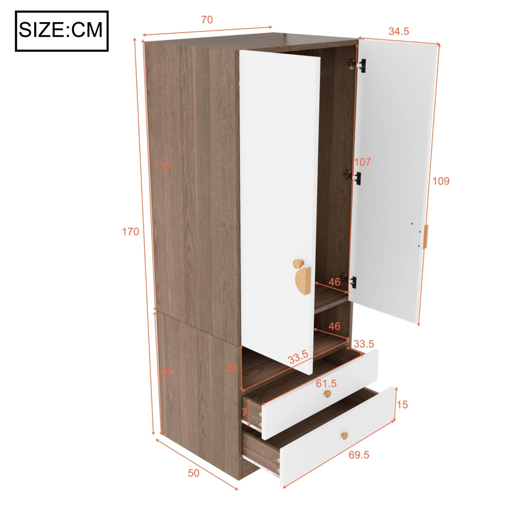 Scaffale con doppia porta, due cassetti e piccoli scomparti in MDF color legno naturale 70 × 50 × 170 cm