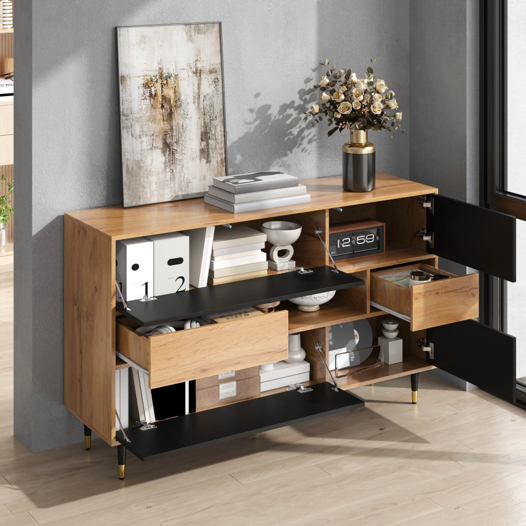 Credenza e madia con 2 cassetti, vano aperto e ante ribaltabili per soggiorno, nero naturale, 140 × 40 × 84,5 cm