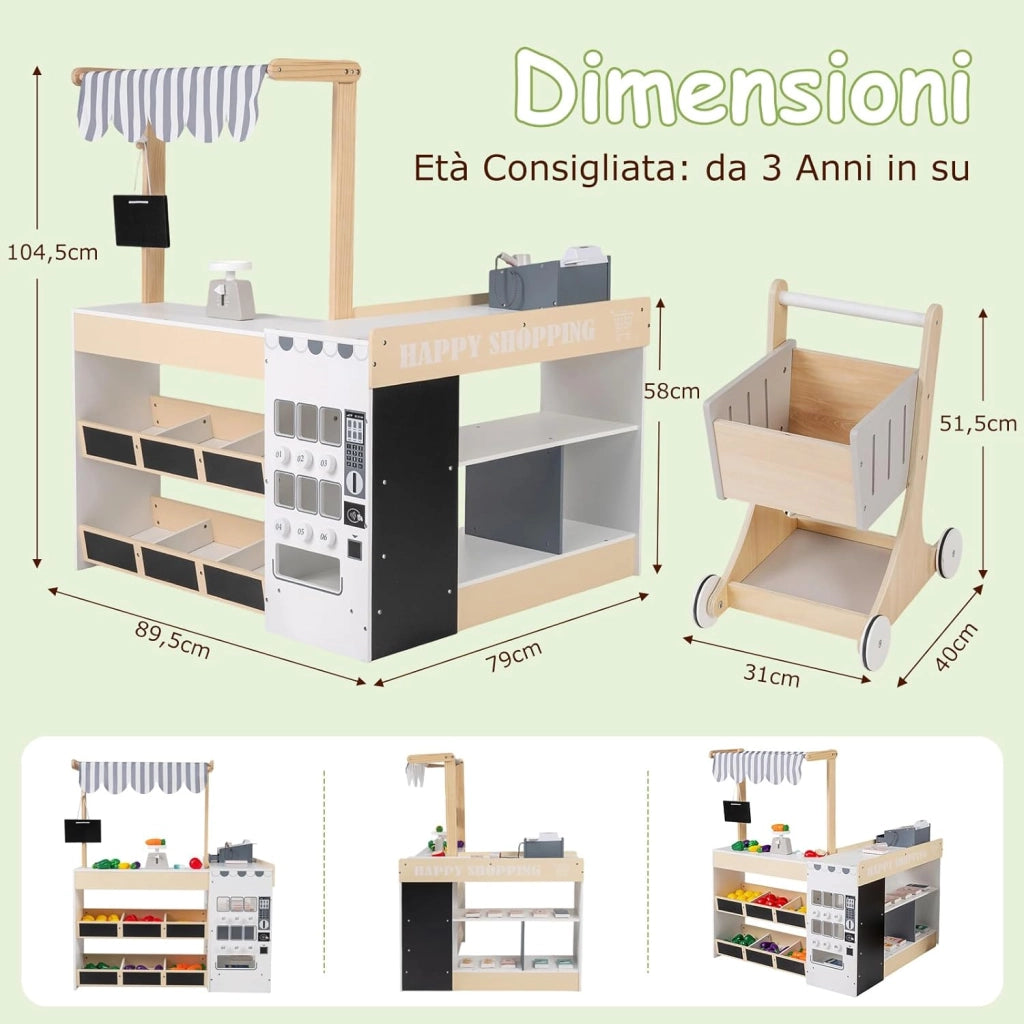 Supermercato Giocattolo per Bambini, Set di Gioco Comprasuper con Carrello, Lavagne, Distributore, Banco Cassa e Accessori Complessivi, per Bambini 3+ Anni, 89,5 x 79 x 104,5 cm