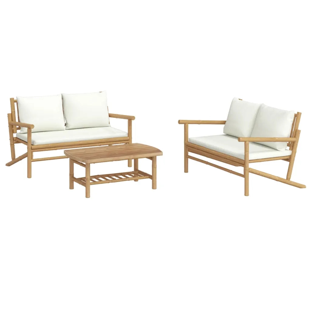 Set Salotto da Giardino 3pz con Cuscini Bianco Crema in BambÃ¹cod mxl 76399