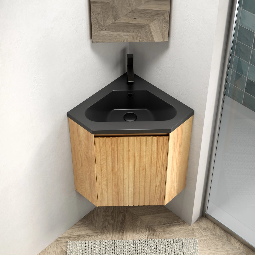 MOBILE BAGNO ANGOLARE 38 cm con lavabo integrato in resina nero e legno naturale