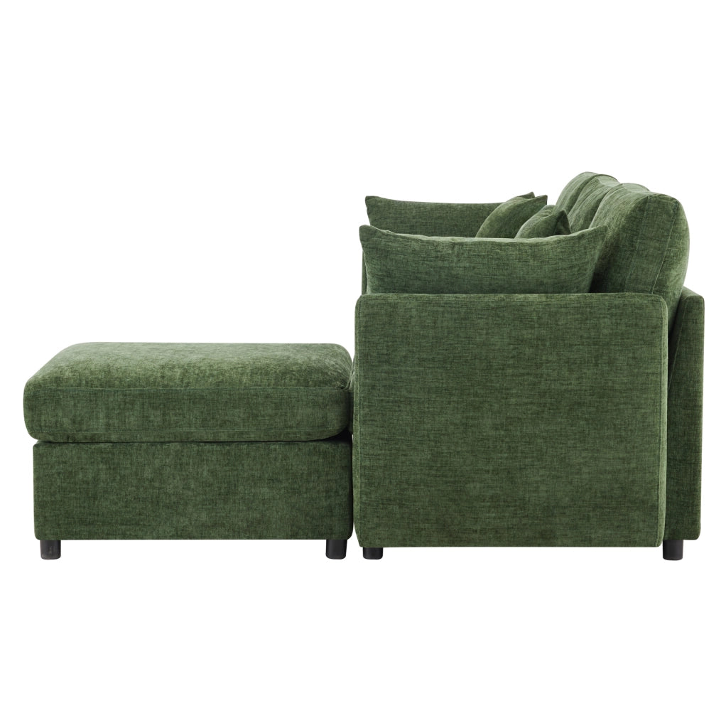 Sofa modulare angolare 216x161x81 cm in chenille verde; con pouf mobile e 4 cuscini
