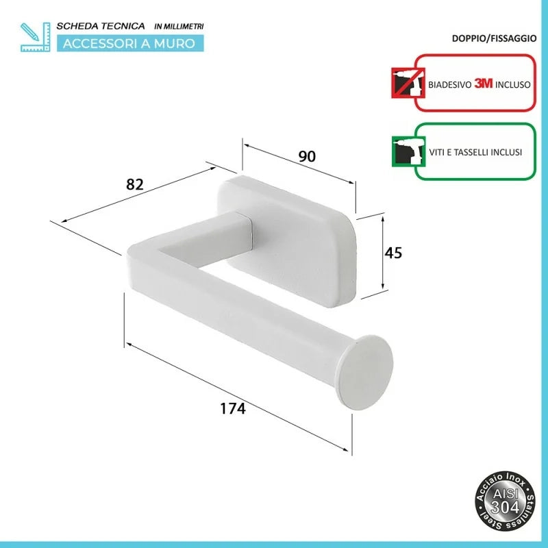 Porta rotolo wc a muro in acciaio inox bianco con doppio fissaggio