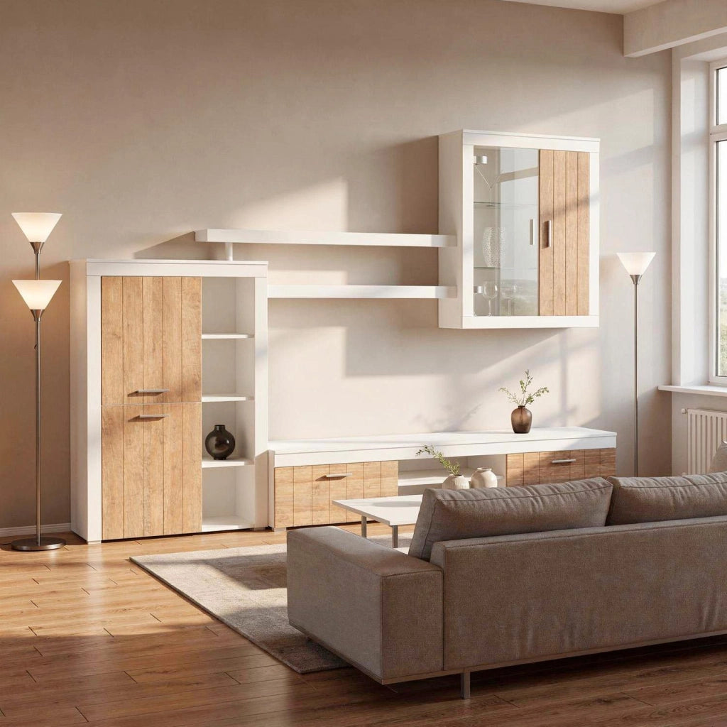 Parete Attrezzata Moderna Con Mobile TV Ante Vetrinetta Mensole E Vani A Giorno Moduli Sospesi Per Soggiorno Salotto 293 X 193 X 50 Cm Bianco E Noce