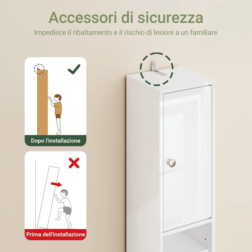 Bianco Lucido Mobile Bagno Salvaspazio Colonna Bagno - Mobiletto Bagno Stretto 20x20x180cm con 6 Ripiani Regolabili e Cassetto - Armadietto Bagno Alto per Piccoli Spazi BZR167-GW