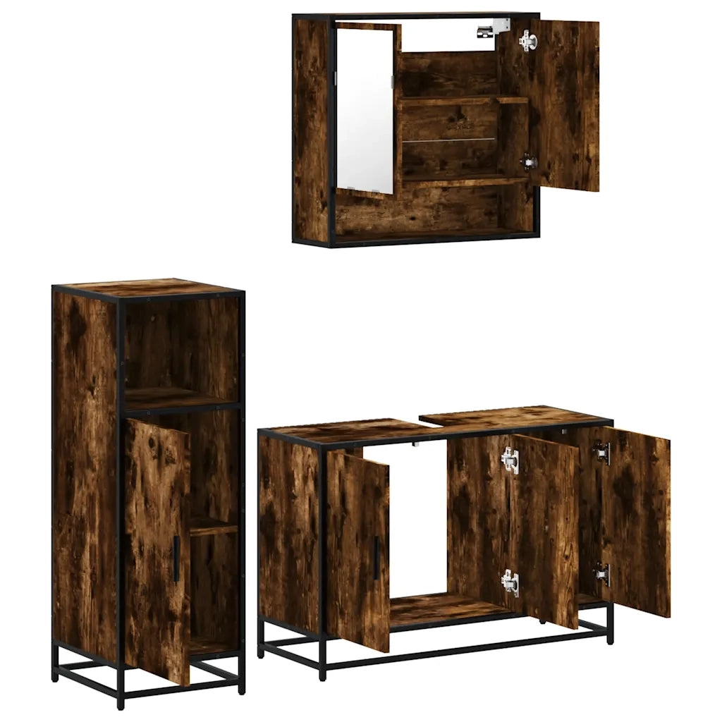 Set Mobili da Bagno 3 pz Rovere Fumo in Legno Multistrato 3300982