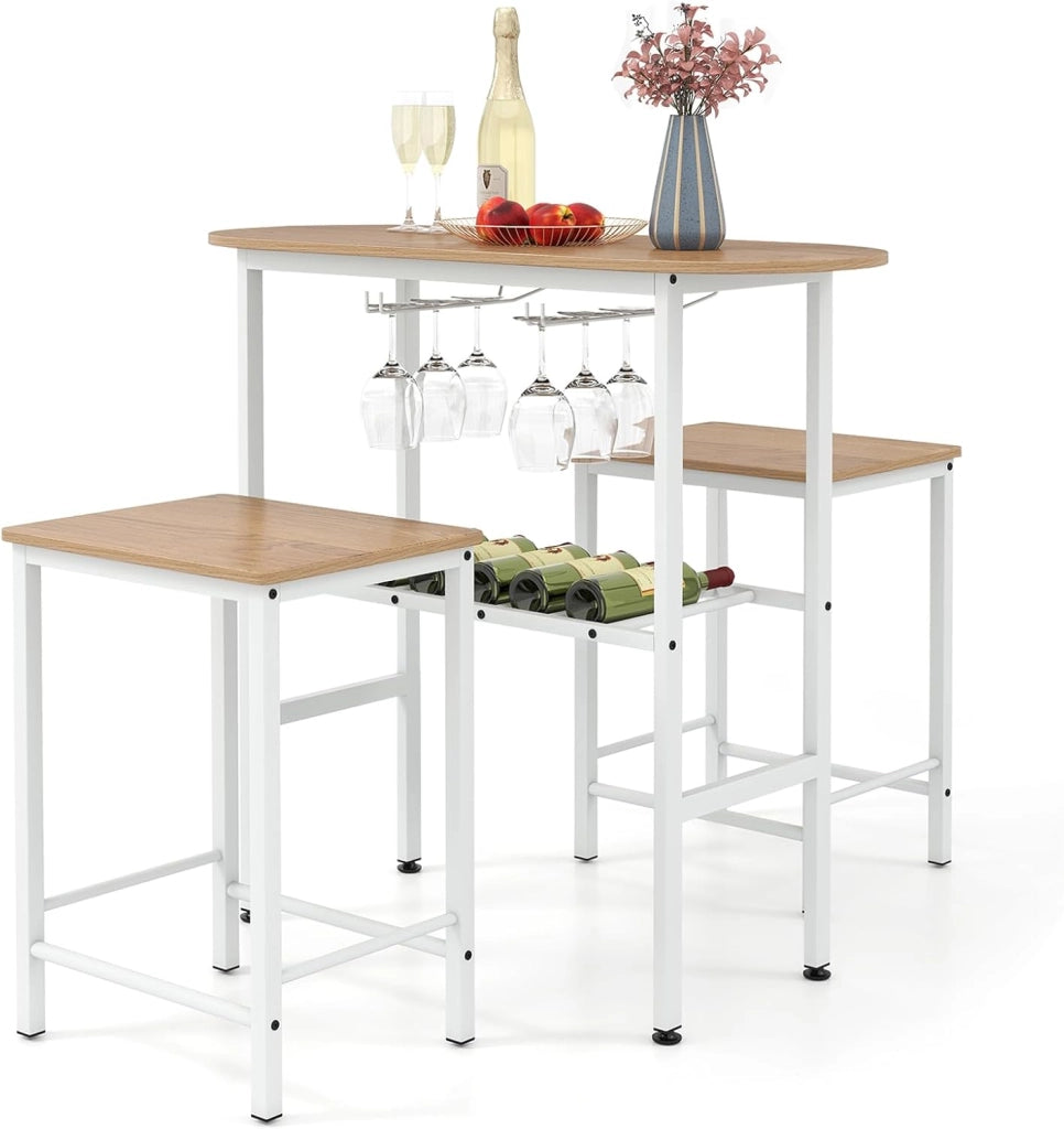 Set da pranzo 3 pezzi, tavolo bar con 2 sgabelli, portabottiglie, 2 portabicchieri da vino, poggiapiedi, tavolo da cucina industriale per soggiorno, cucina (marrone rustico)