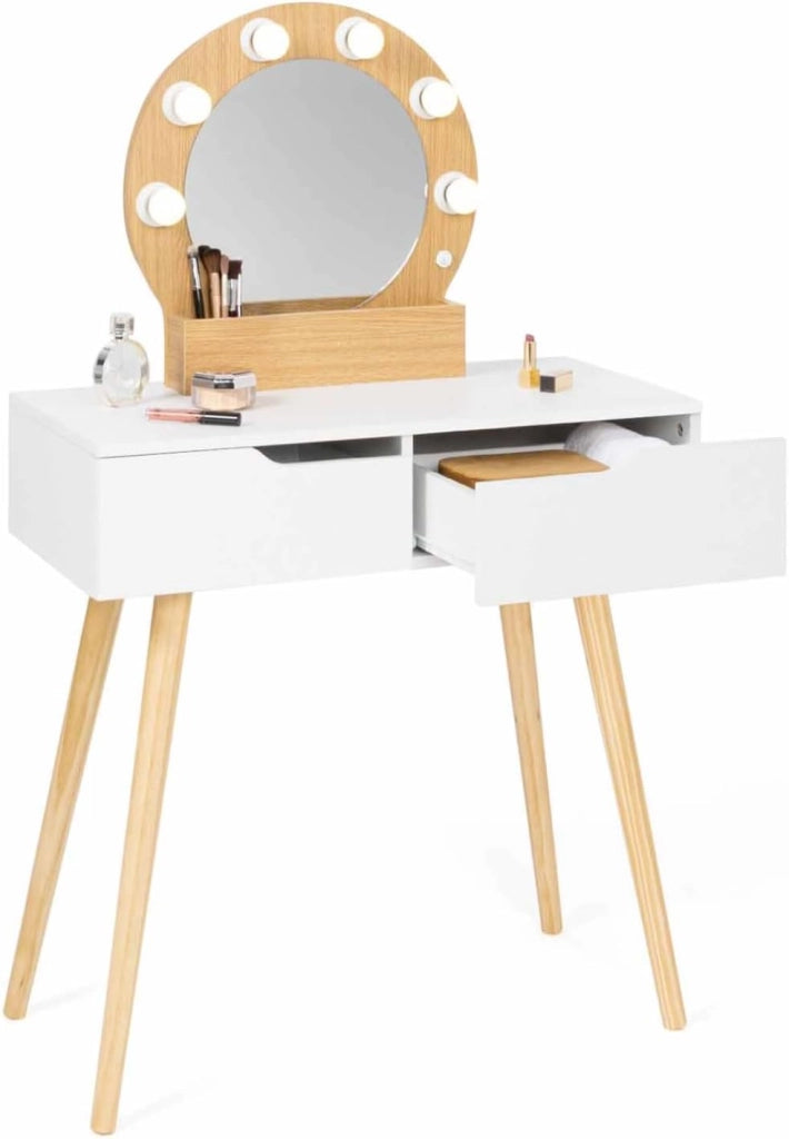 Toeletta con specchio e 2 cassetti scandinavo in legno e bianco con specchio HORIA