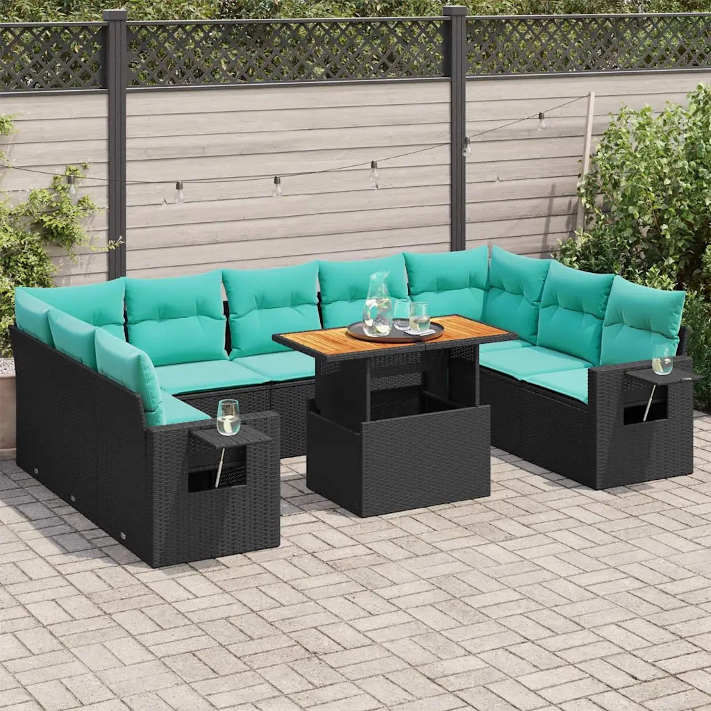 Set Divani da Giardino 10pz con Cuscini in Polyrattan Nero