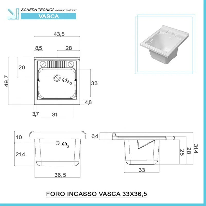 Mobile lavatoio 45x50 bianco con vasca in resina completo di asse lavapanni