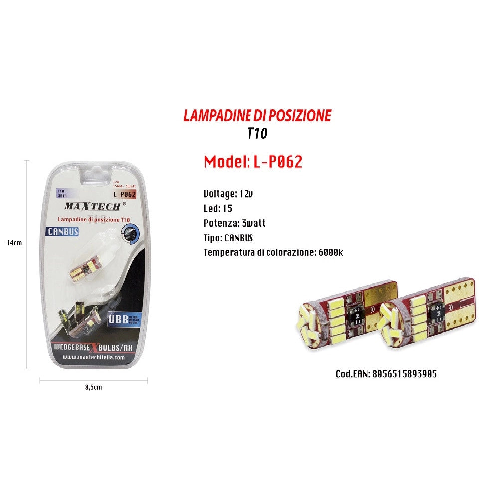 Trade Shop - Lampadine Posizione Canbus Maxtech L-p062 12v 15led 3 Watt Ultra Luminose 6000k -