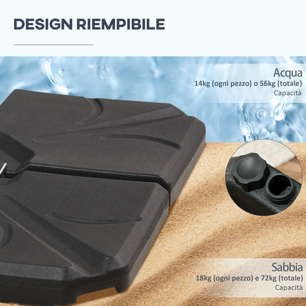 Easycomfort Base per Ombrellone in HDPE da 4 Pezzi, Riempibili con Acqua e Sabbia max 18kg, 103x103x8.3 cm, Nero