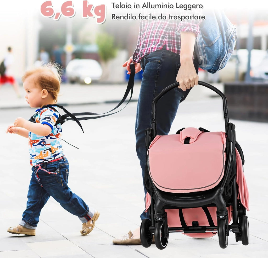 Passeggino Leggero Pieghevole per Bambini, Passeggiono Compatto con Schienale e Cappotta Regolabile, Cinture di Sicurezza a 5 Punti, Ruote con Freno, Fino a 15 kg (Rosa)
