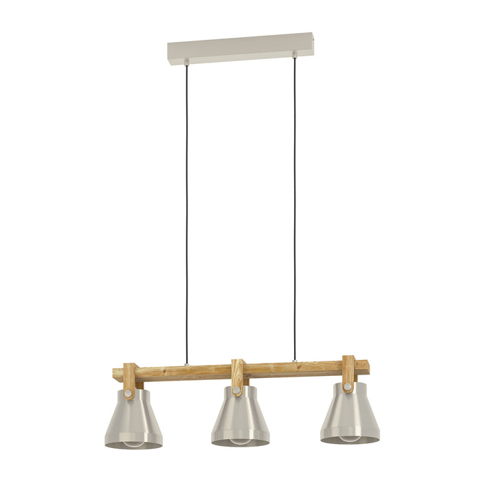 Lampadario A Sospensione Vintage Cawton Acciaio Legno 3 Luci E27
