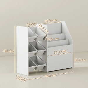 Scaffale per bambini con 6 contenitori estraibili, libreria e box su ruote, bianco