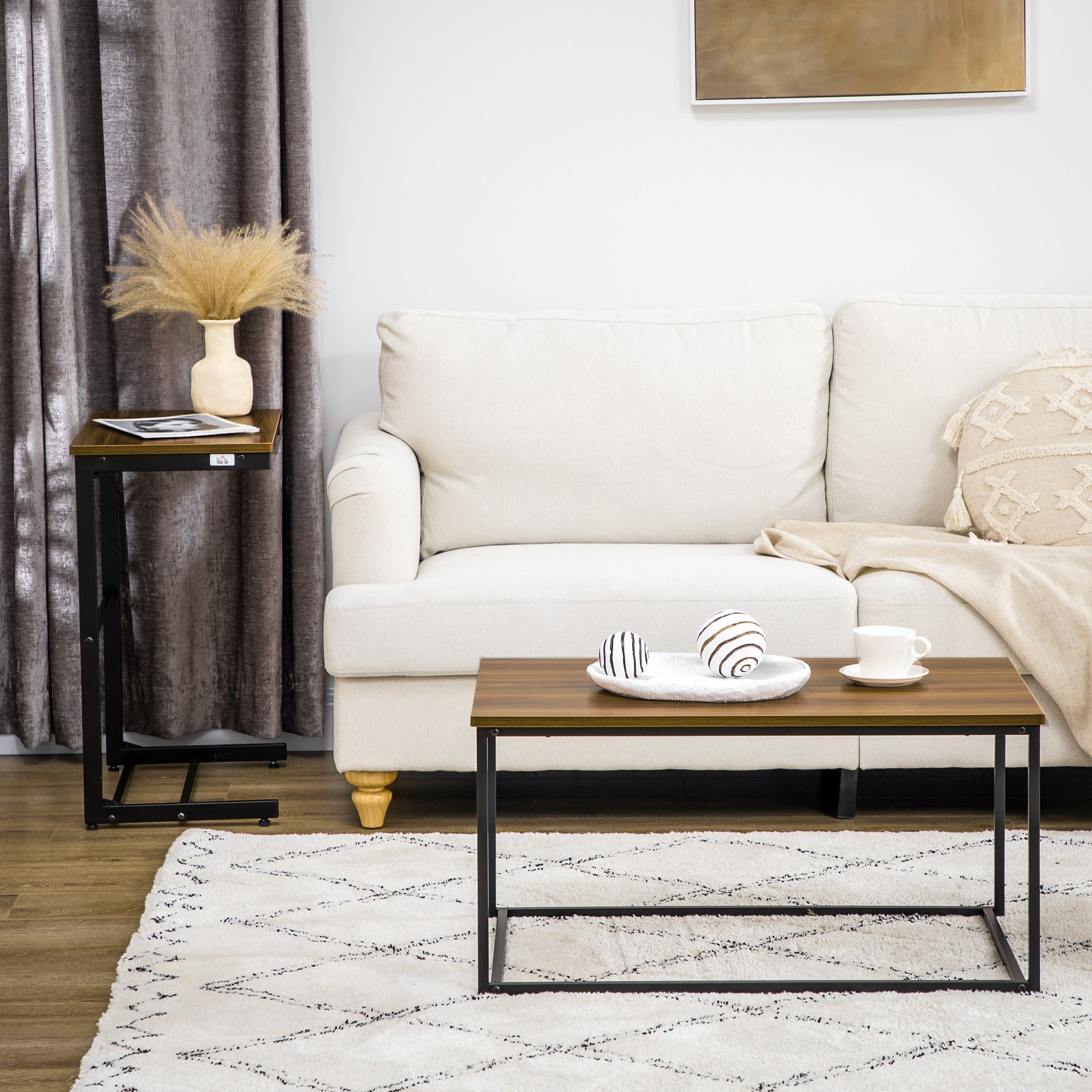 Set 2 Tavolini Caffè Annidati in MDF e Acciaio Nero e Noce