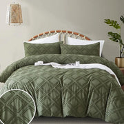Set di coperte geometriche chic, 135 x 200 cm, con decorazione a maglia, verde, set di coperte reversibili, tessuto microfibra lavabile, con copri-patrimonio con chiusura a zip e cuscino con copri-cuscino 80.