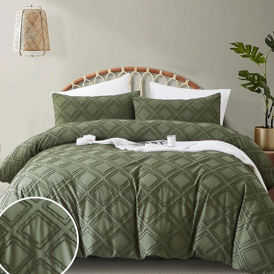 Set di coperte geometriche chic, 135 x 200 cm, con decorazione a maglia, verde, set di coperte reversibili, tessuto microfibra lavabile, con copri-patrimonio con chiusura a zip e cuscino con copri-cuscino 80.