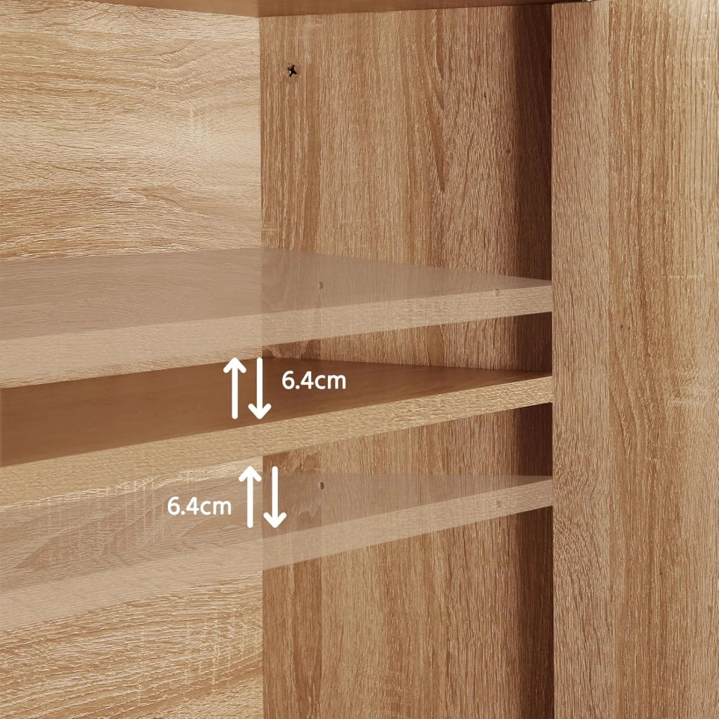 Scaffale Sopra Lavatrice, Mobile Sopra WC, Scaffale da Bagno, Armadietto con Ripiano Regolabile e Ante, per Lavanderia, in Legno e Metallo, Nero+Rovere Chiaro, 64,5x27x170cm
