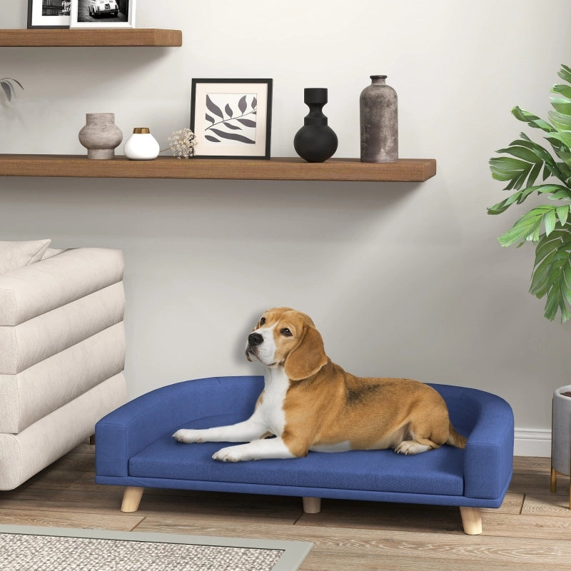 Divano per cani rialzato in legno di pino, 98 x 67 x 25 cm, blu