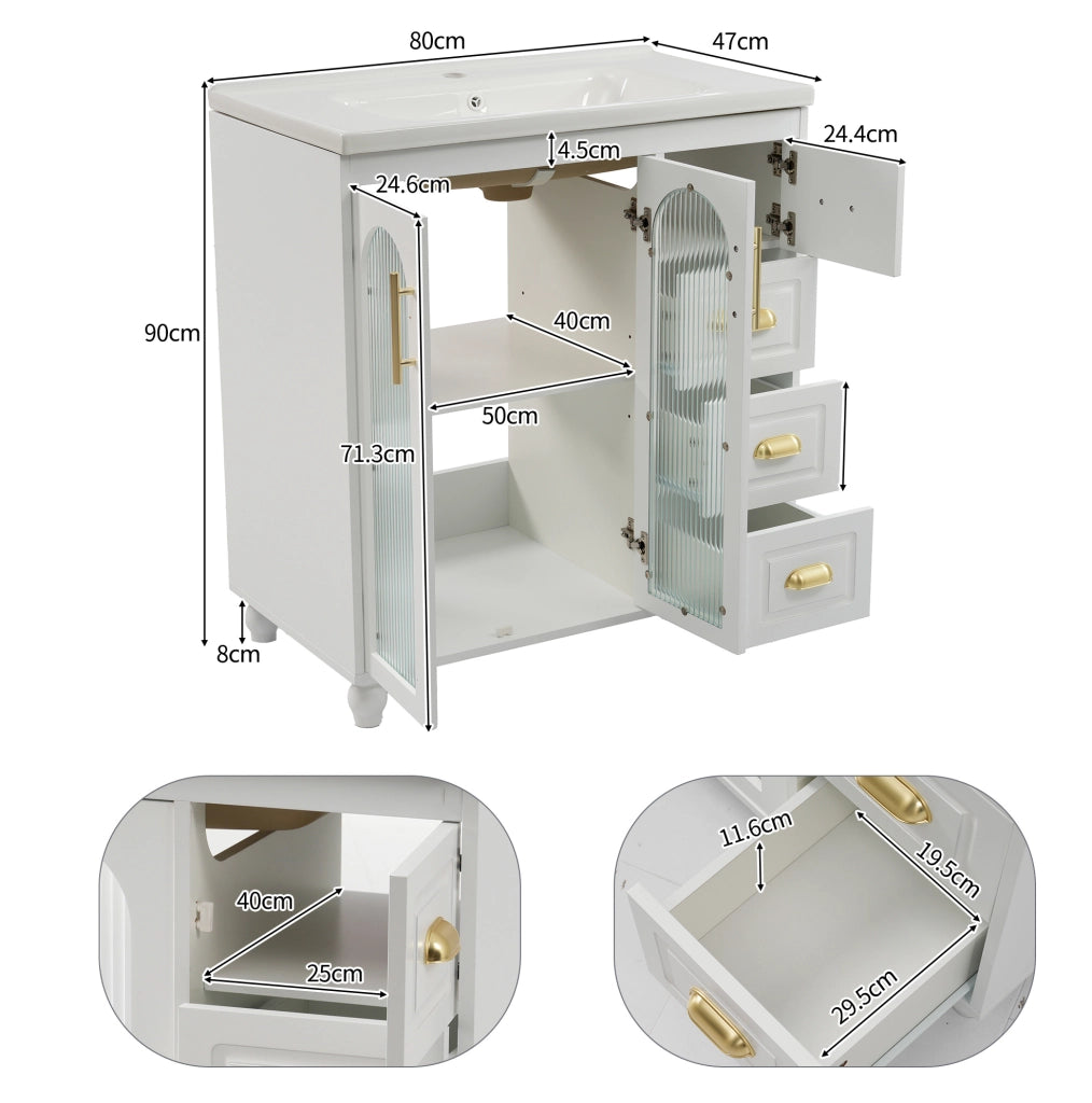 Mobile bagno bianco 80 cm con lavabo in porcellana e 3 cassetti