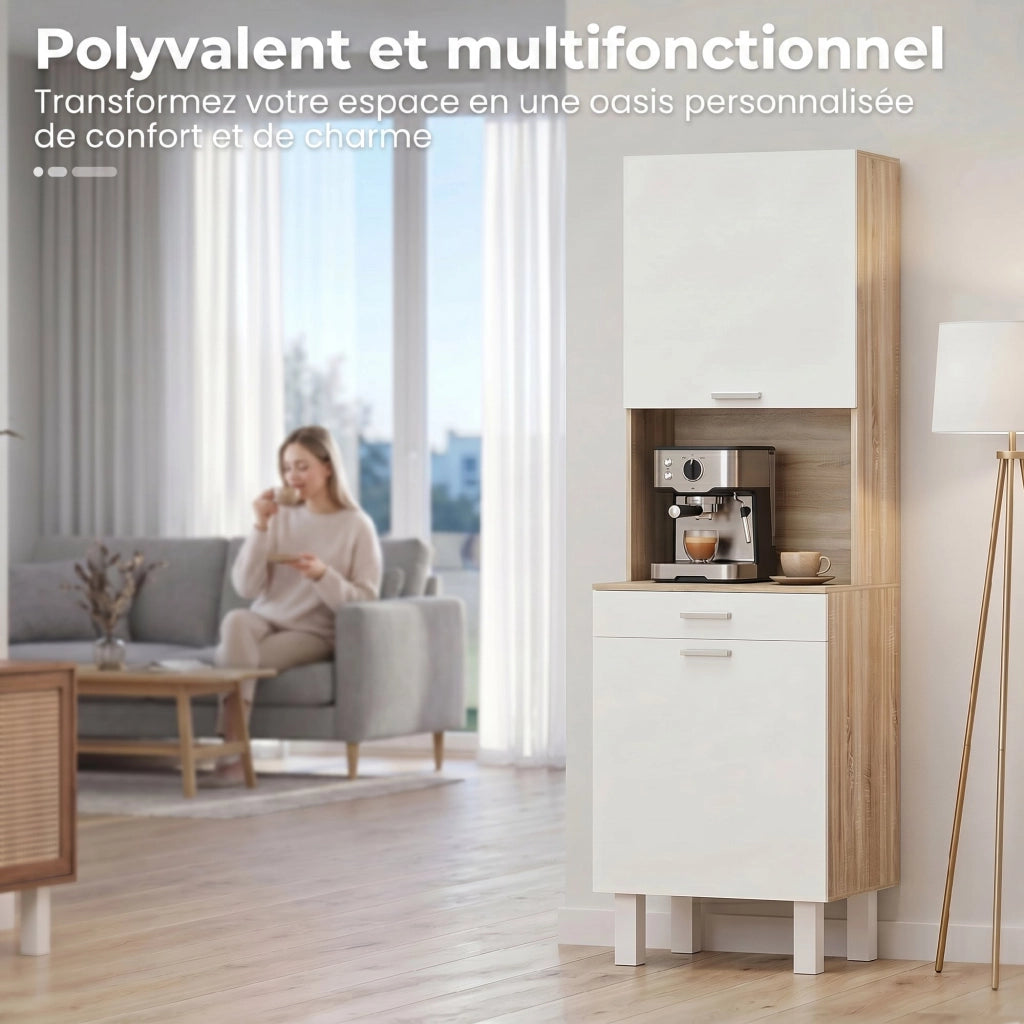 Armadio da Cucina con Ante, Cassetto e Piano di Lavoro ¨C zephmum ¨C Bianco e Legno Naturale 55x40x174 cm