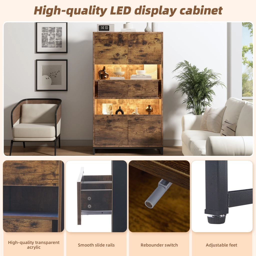 Vetrina con 2 Ante; 2 Cassetti; 6 Vani; LED e Ante in Acrilico per Soggiorno in MDF 80 × 40 × 138 cm Nero